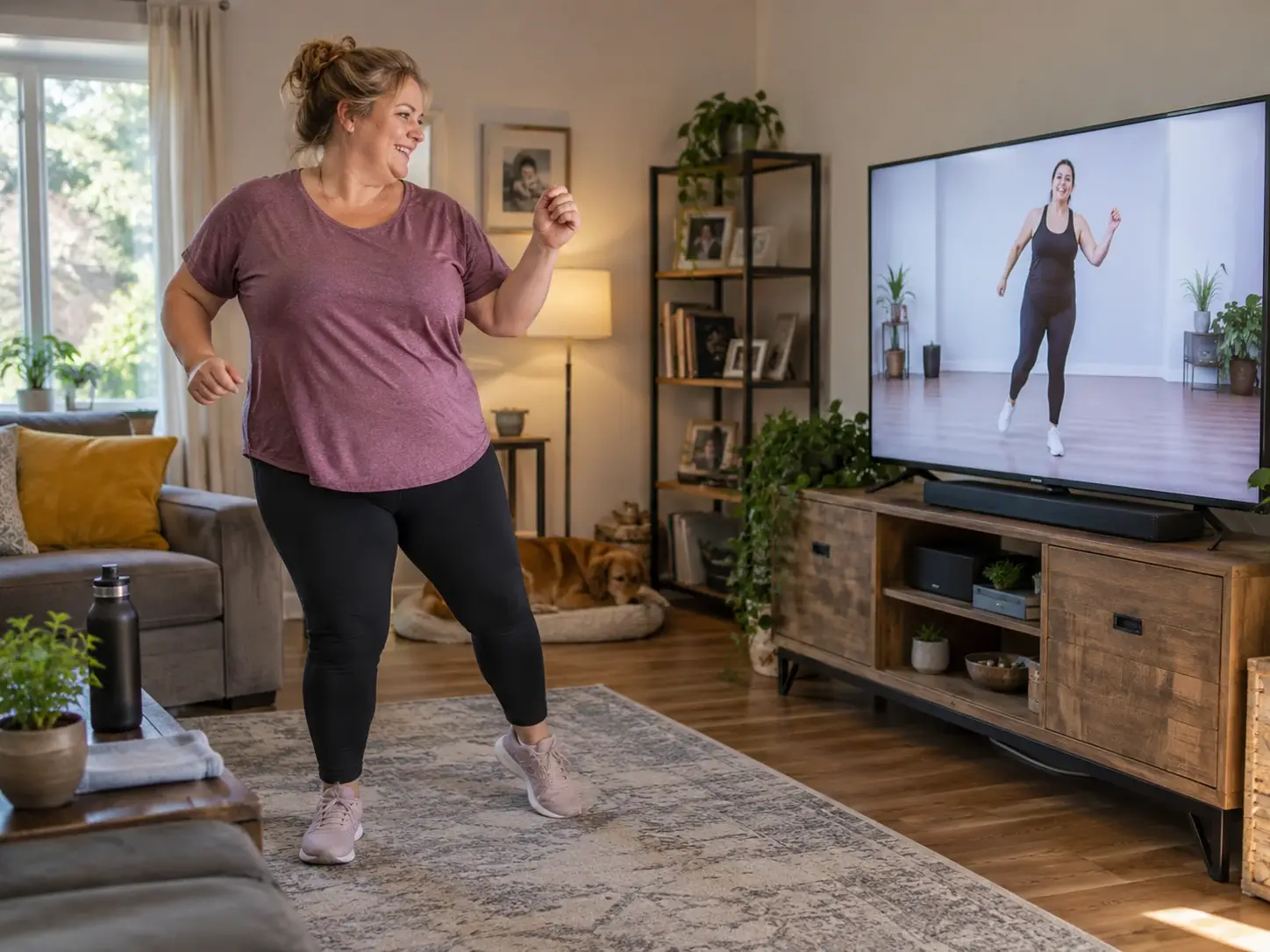 Erwachsene Teilnehmerin übt zu Hause vor einem Fernseher